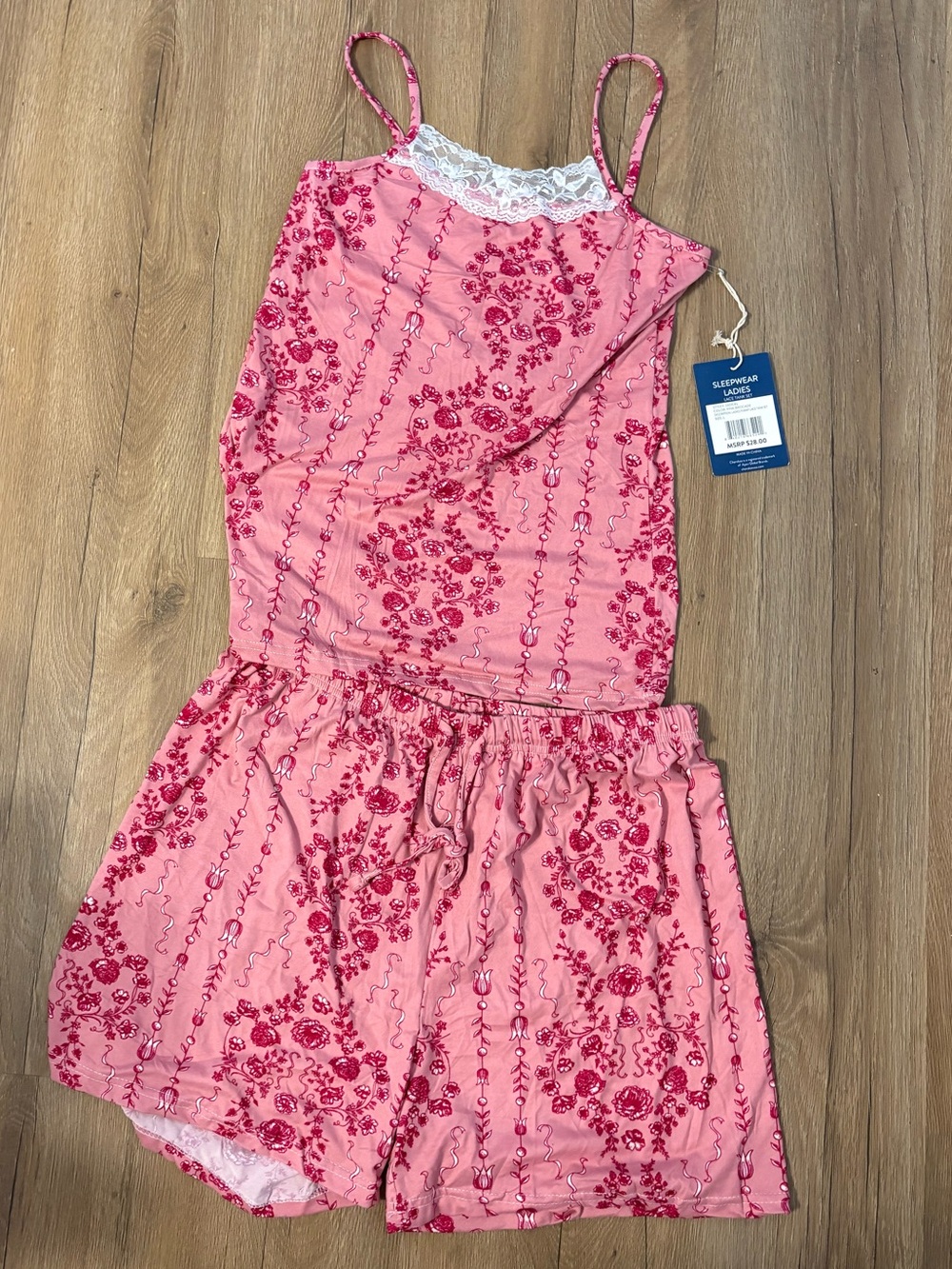 Women Pink Floral Lace-Trim Tank Top Pajama Set